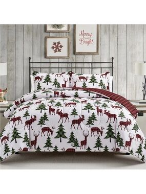 Sunham Plaid Deer Reversible King Comforter Set 3-Pc Christmas Red Green Trees